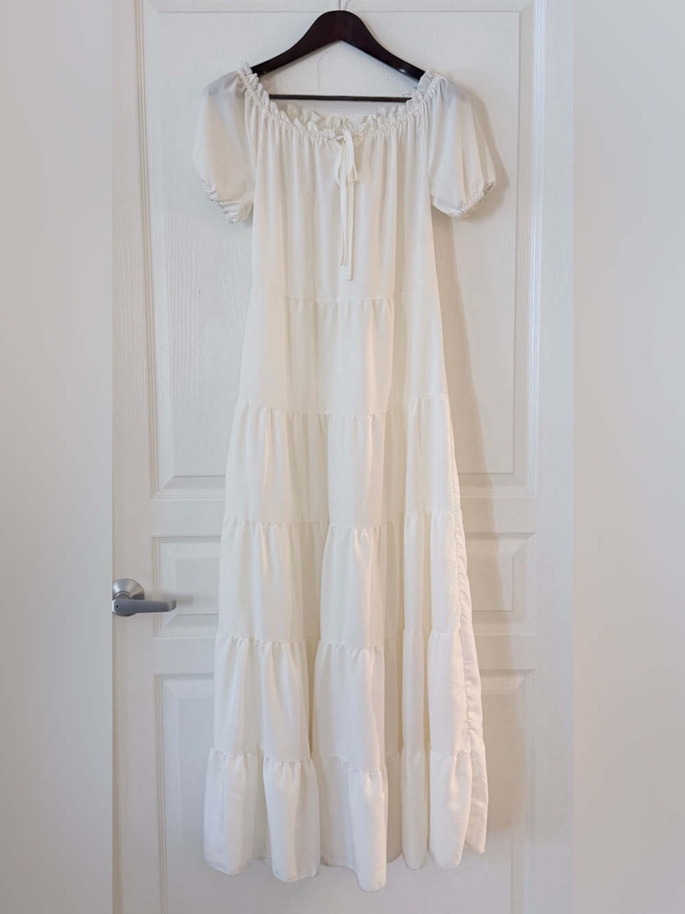 Cream Tiered Maxi Chemise with Puff Sleeves and Tie Neck